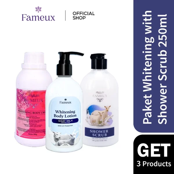 Fameux Paket Body Care Whitening Goat Milk Series ( Bc250+ Shower Scrub 250 + Whitening Lotion)